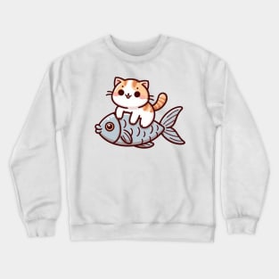 cute cat ride fish Crewneck Sweatshirt